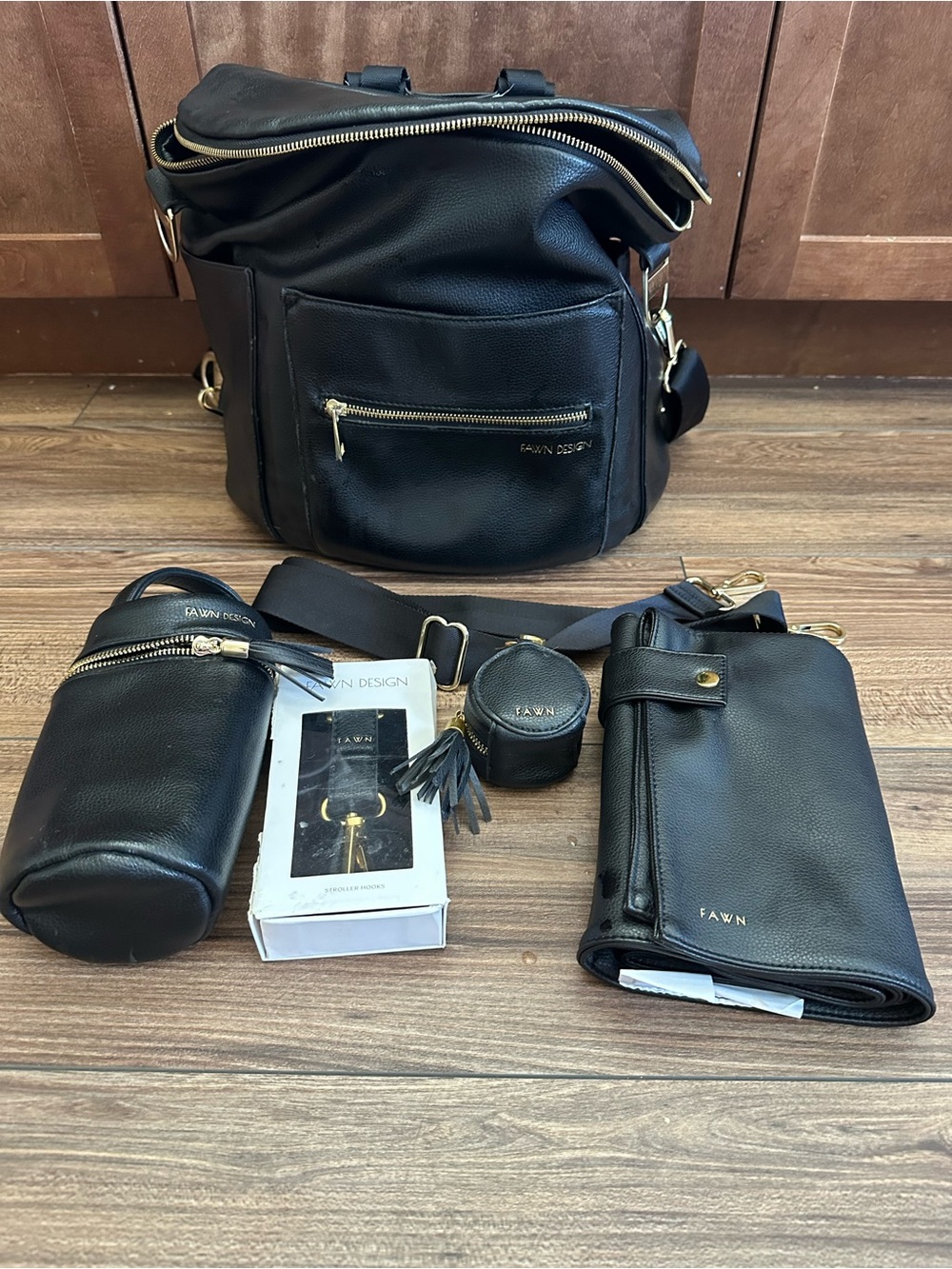 Fawn Design Black Leather Convertible Backpack Set with Gold Hardware